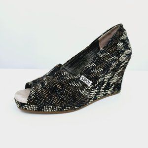 Toms Stella Tweed Peep Toe Wedges 6 Black Brown Cream Slip On Boucle Houndstooth